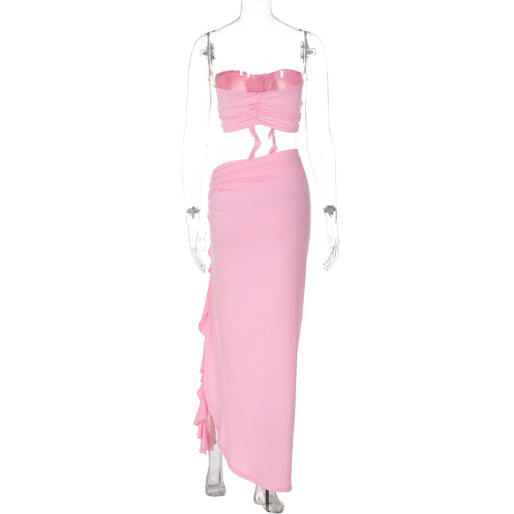 Flower applique ruffle high slit ruched tube skirt set  | Festival Outfits Women