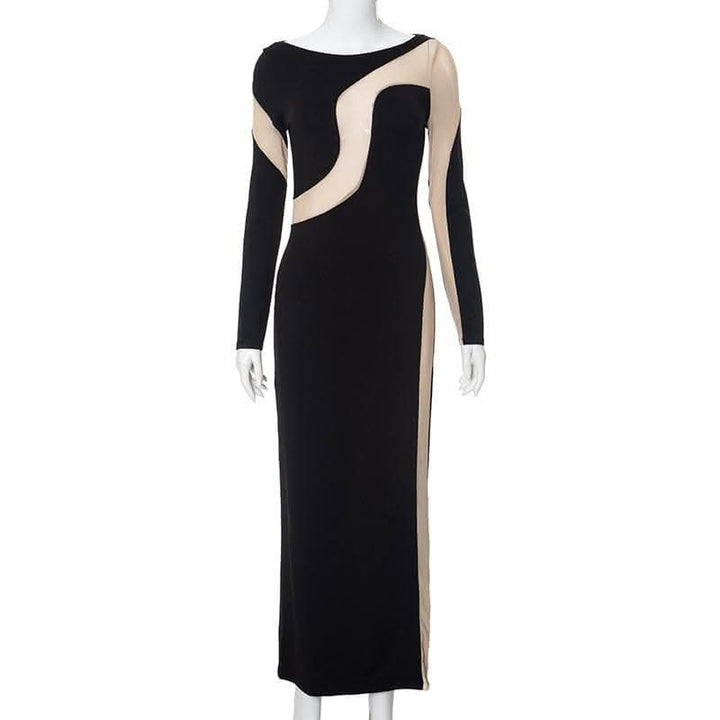 Mesh patchwork contrast irregular long sleeve maxi dress-final-sale  | Festival Outfits Women