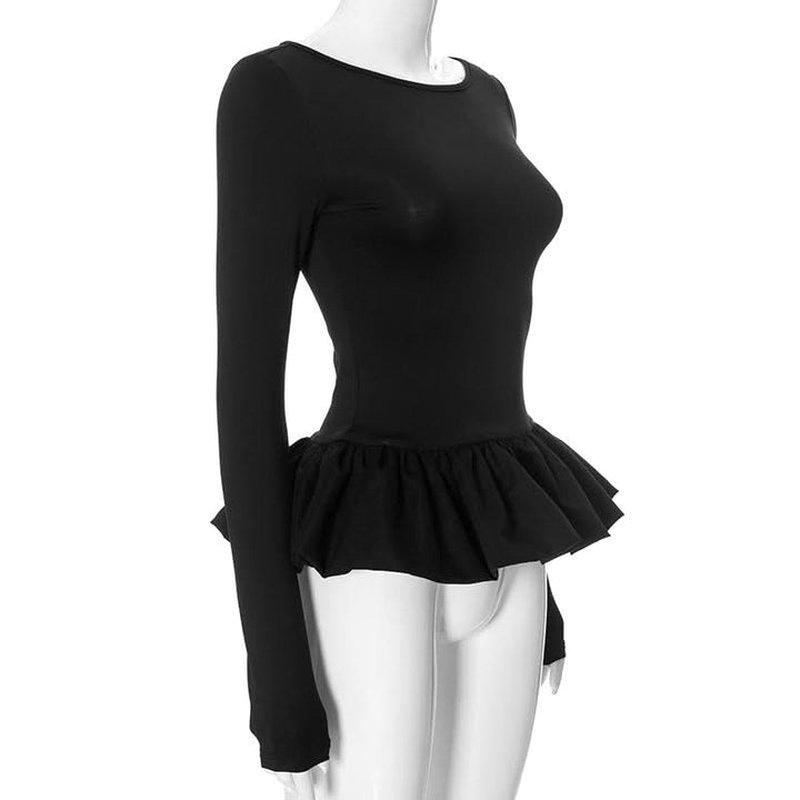 Ruched long sleeve round neck hollow out ruffle cut out top  | Festival Outfits Women