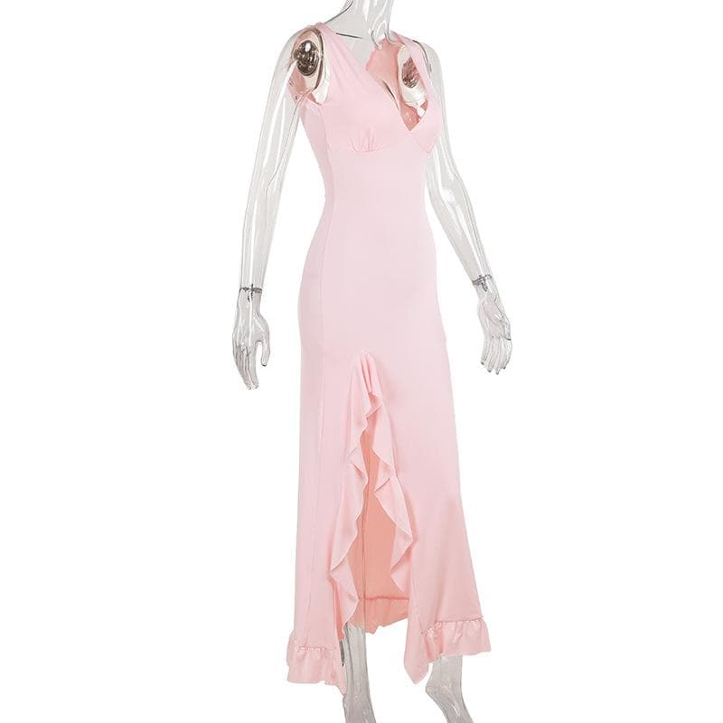 Deep v neck ruffle slit ruched cami maxi dress  | Festival Outfits Women