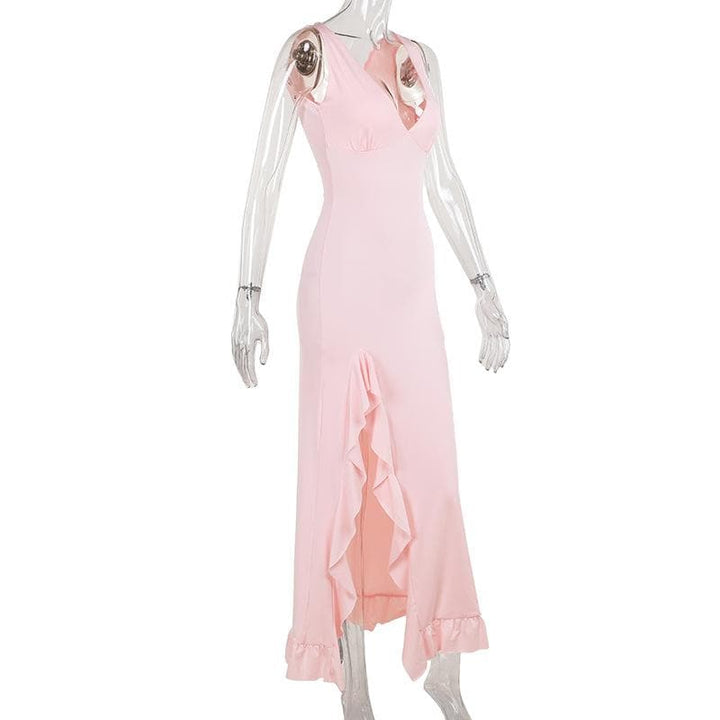 Deep v neck ruffle slit ruched cami maxi dress  | Festival Outfits Women