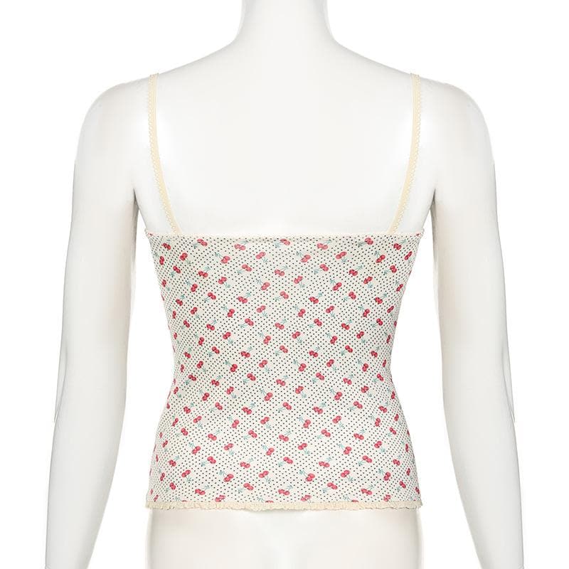 Tufafin V na wuyan ceri mai siffar bowknot lace mai launin polka dot cami | Kayan Biki na Mata