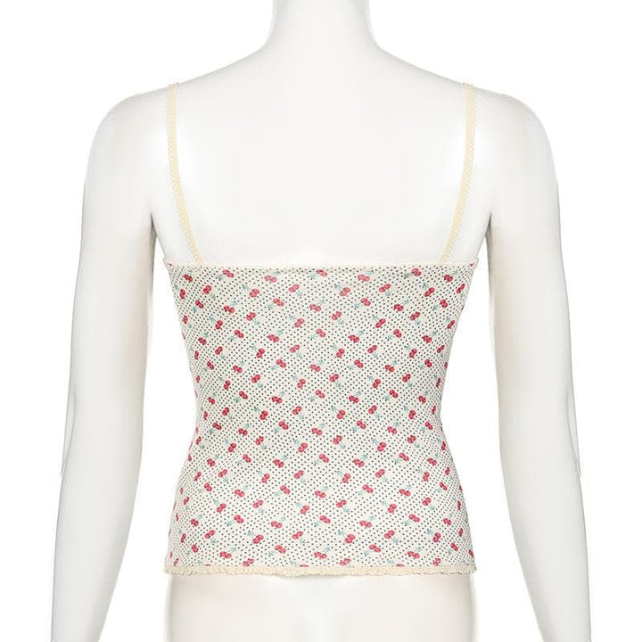 Tufafin V na wuyan ceri mai siffar bowknot lace mai launin polka dot cami | Kayan Biki na Mata