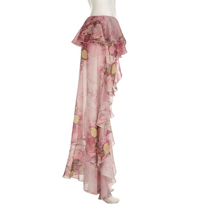 Chiffon flower print ruffle maxi skirt  | Festival Outfits Women