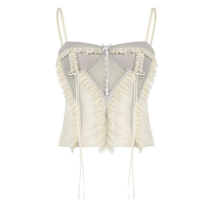Mesh patchwork ruffle button contrast backless cami ruched skirt set-final-sale