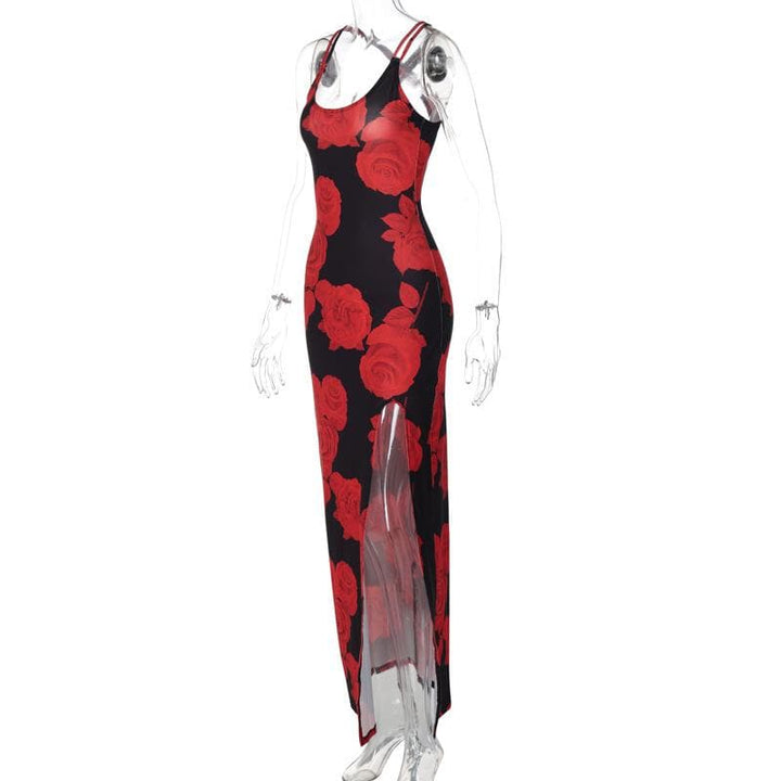 Rose print u neck slit cross back cami maxi dress  | Festival Outfits Women