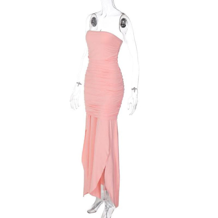 Ruched solid slit irregular backless tube maxi dress-final-sale  | Festival Outfits Women