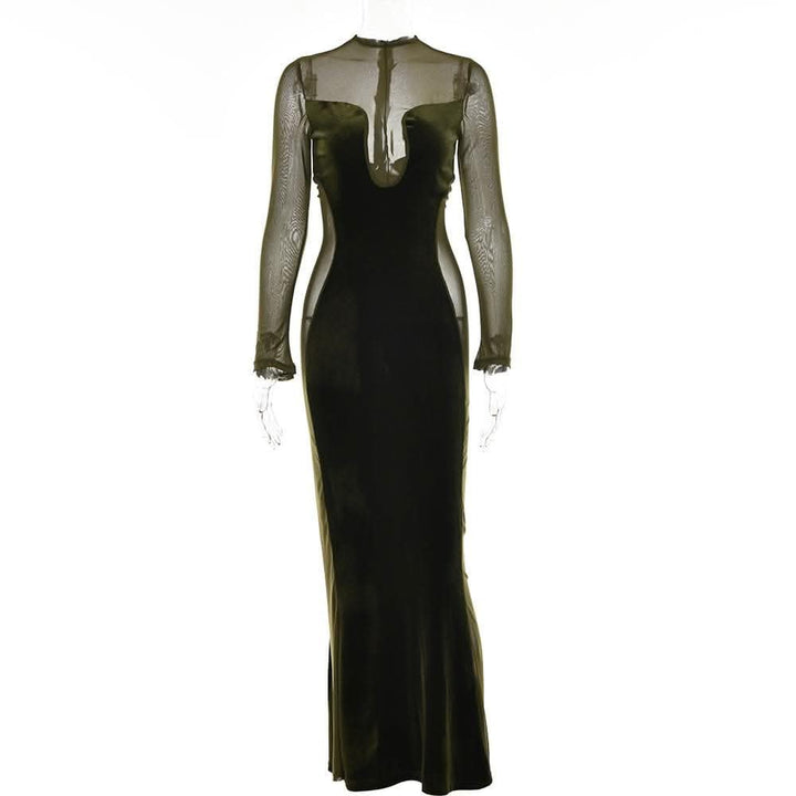 Long sleeve velvet mesh solid zip-up maxi dress-final-sale  | Festival Outfits Women
