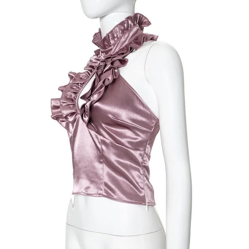 Halter ruffle ruched satin backless top-final-sale  | Festival Outfits Women
