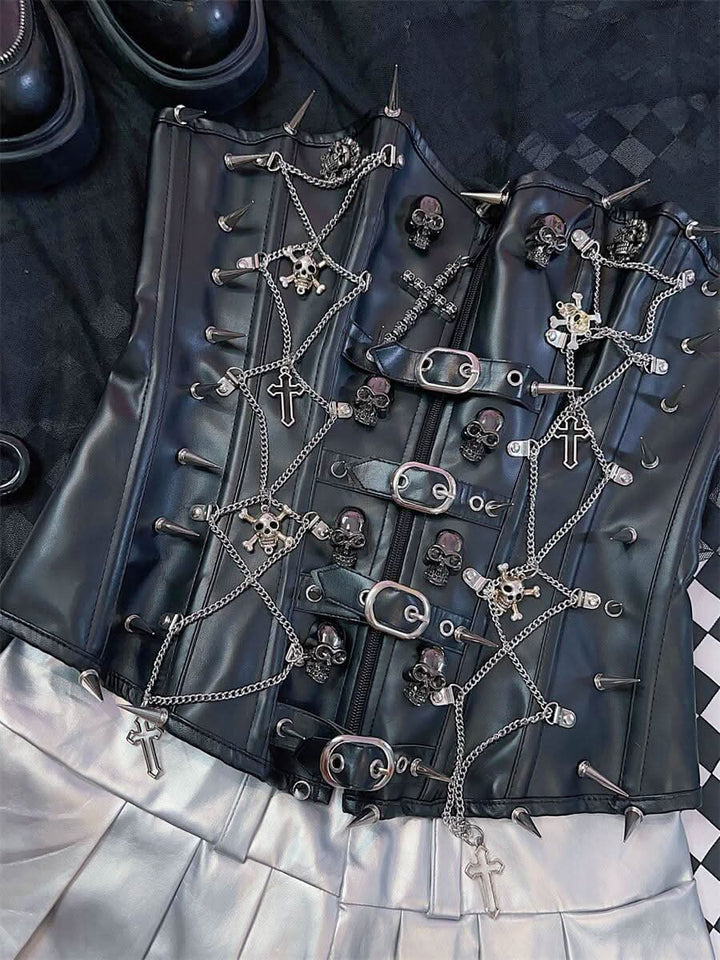 Cross applique PU leather rivet buckle bustier tube top  | Festival Outfits Women