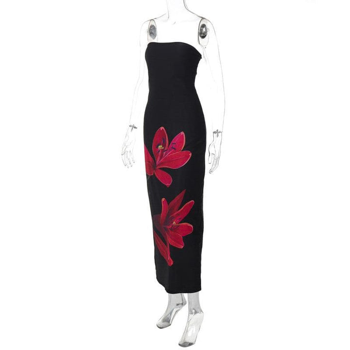 Flower print knotted backless tube maxi dress  | Festival Outfits Women