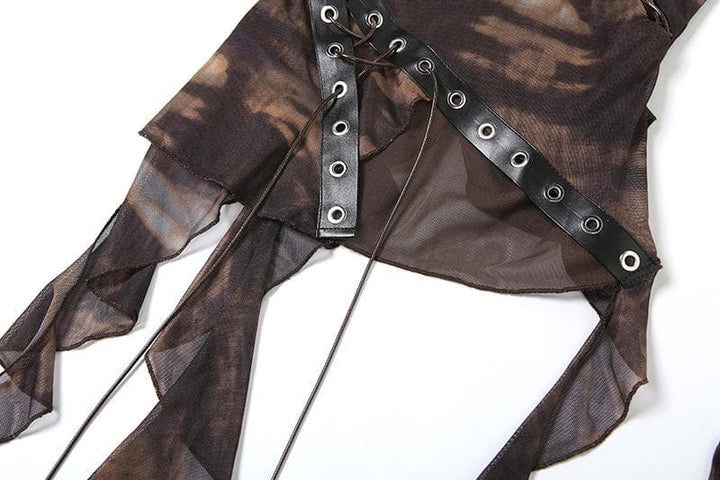 Glove tie dye sheer mesh patchwork ruffle top  | Festival Outfits Women