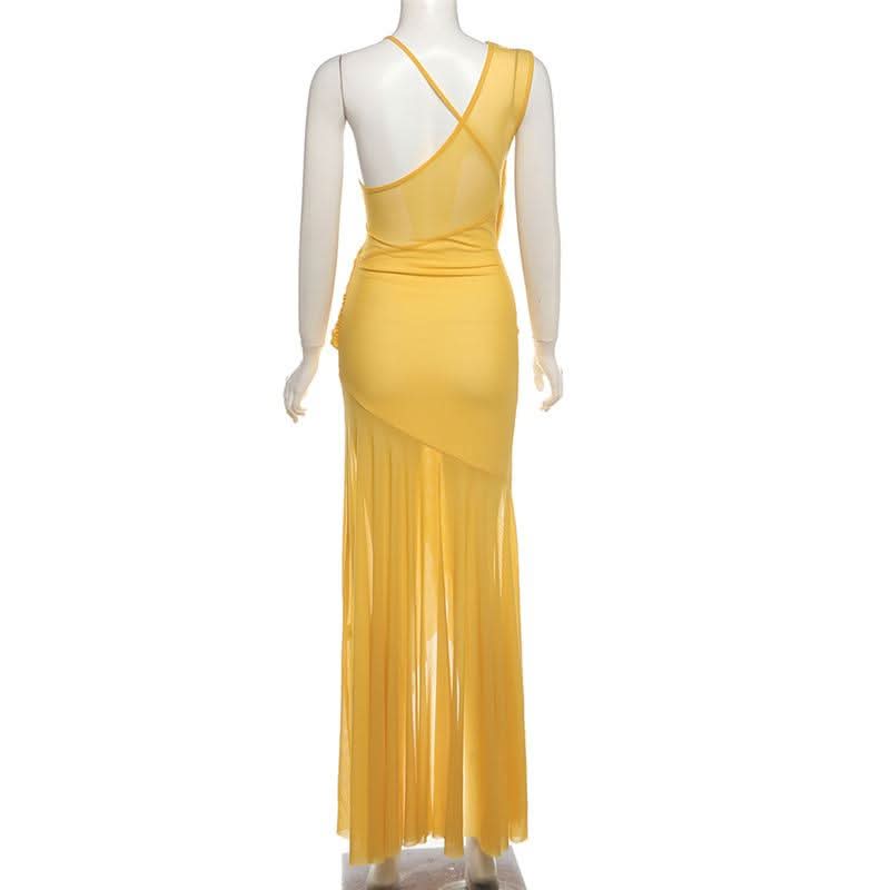 Irregular mesh v neck ruched solid cami maxi dress  | Festival Outfits Women