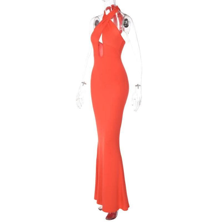 Cross front solid hollow out halter backless 2-way cut out maxi dress-final-sale  | Festival Outfits Women