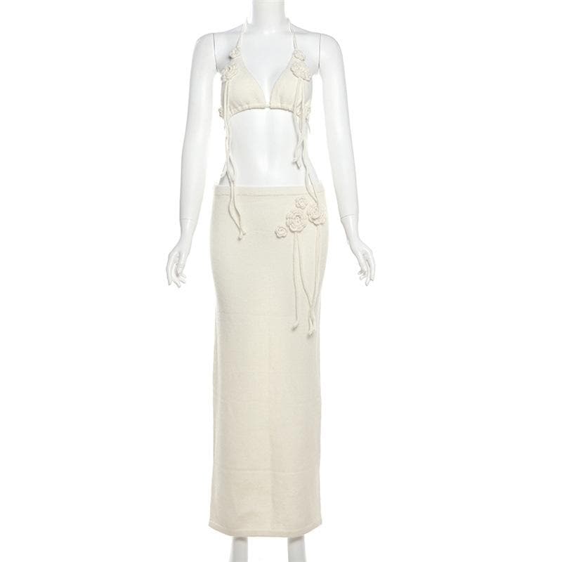 Halter self tie flower applique slit backless mini skirt set  | Festival Outfits Women
