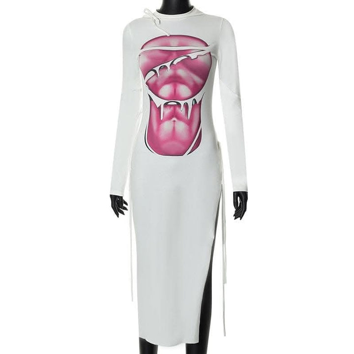 Long sleeve contrast abstract print slit midi dress-final-sale  | Festival Outfits Women