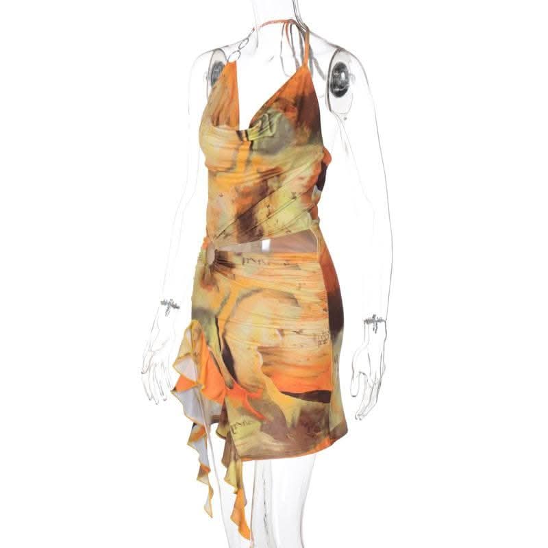 Halter print cowl neck o ring ruffle mini dress-final-sale