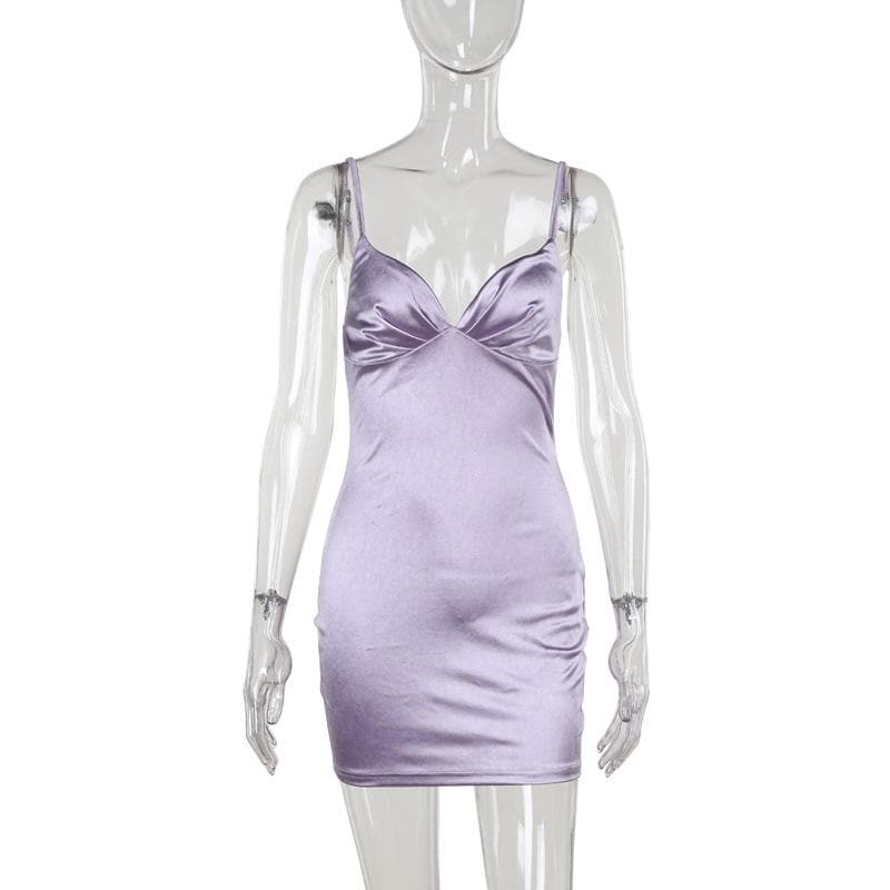 V neck satin ruched solid cami mini dress  | Festival Outfits Women