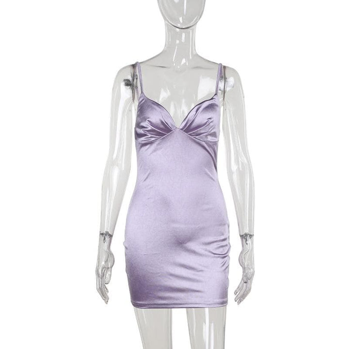 V neck satin ruched solid cami mini dress  | Festival Outfits Women