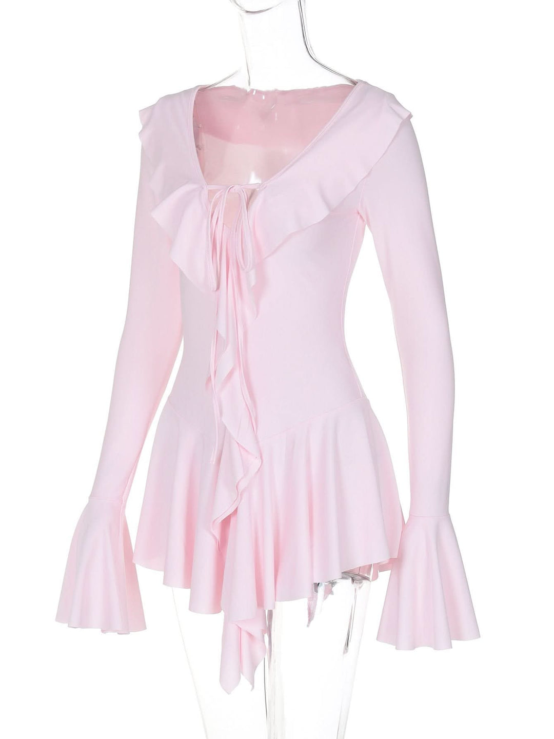 V neck long flared sleeve self tie ruffle mini dress  | Festival Outfits Women
