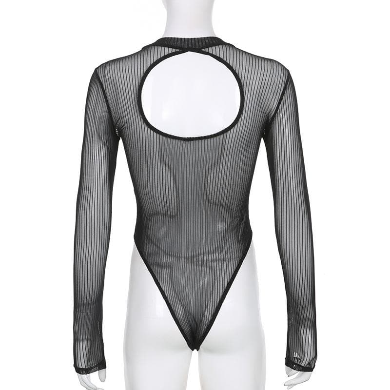 Long sleeve sheer mesh striped bodysuit  | Festival Outfits Women