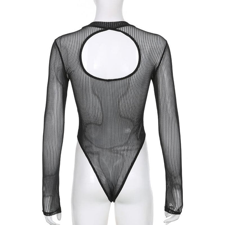 Long sleeve sheer mesh striped bodysuit  | Festival Outfits Women