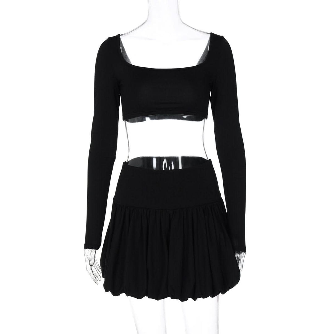 Long sleeve square neck ruched solid mini skirt set  | Festival Outfits Women