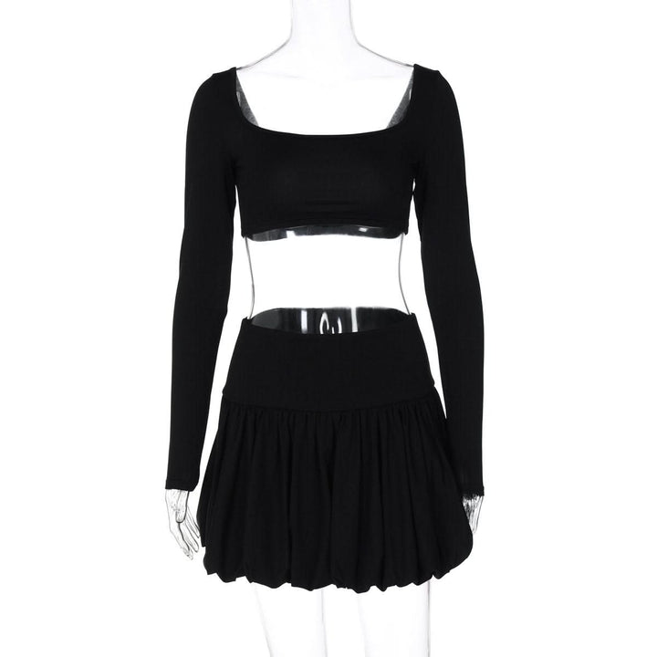Long sleeve square neck ruched solid mini skirt set  | Festival Outfits Women