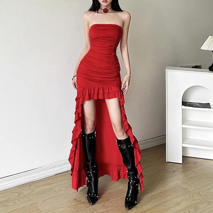 Ruched ruffle solid backless tube maxi dress-final-sale  | Festival Outfits Women