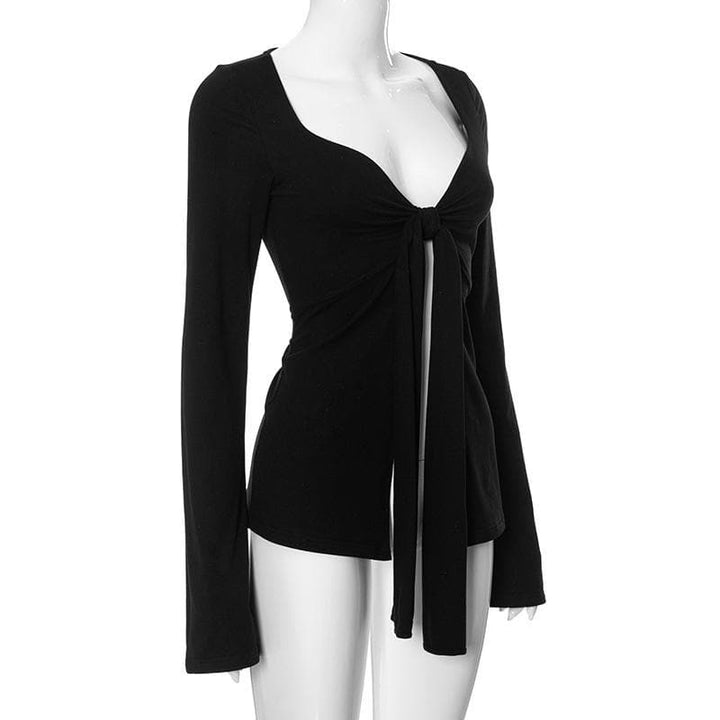 Long flared sleeve v neck ruched top  | Festival Outfits Women