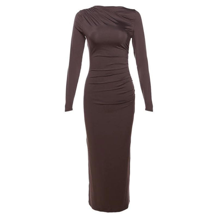 Ruched solid long sleeve zip-up maxi dress-final-sale  | Festival Outfits Women