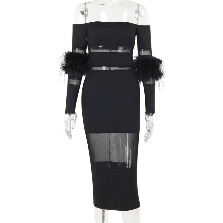 Off shoulder long sleeve fluffy mesh patchwork mini dress  | Festival Outfits Women-final-sale