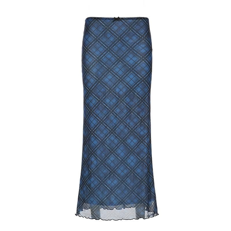 Bowknot mesh ruffle print plaid maxi skirt  | Festival Outfits Women