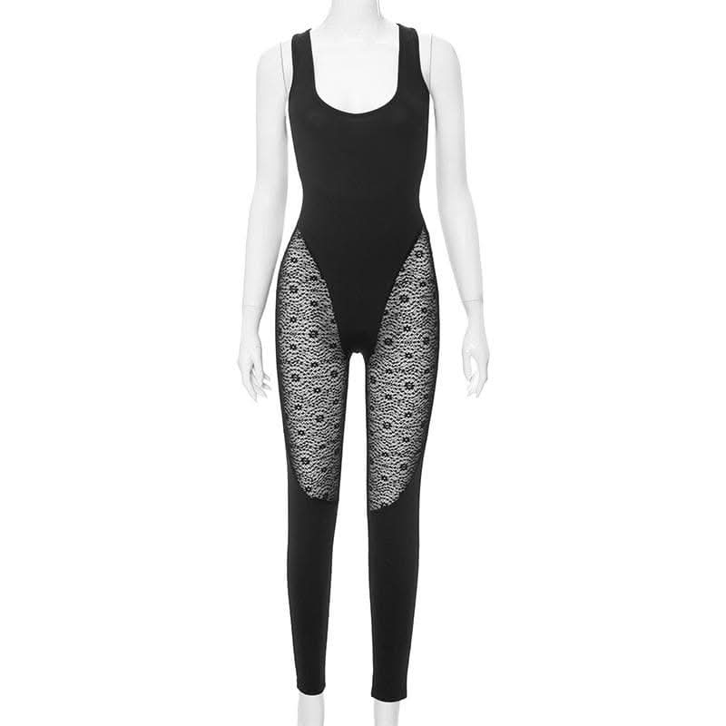 U neck sleeveless lace patchwork solid jumpsuit-final-sale  | Festival Outfits Women