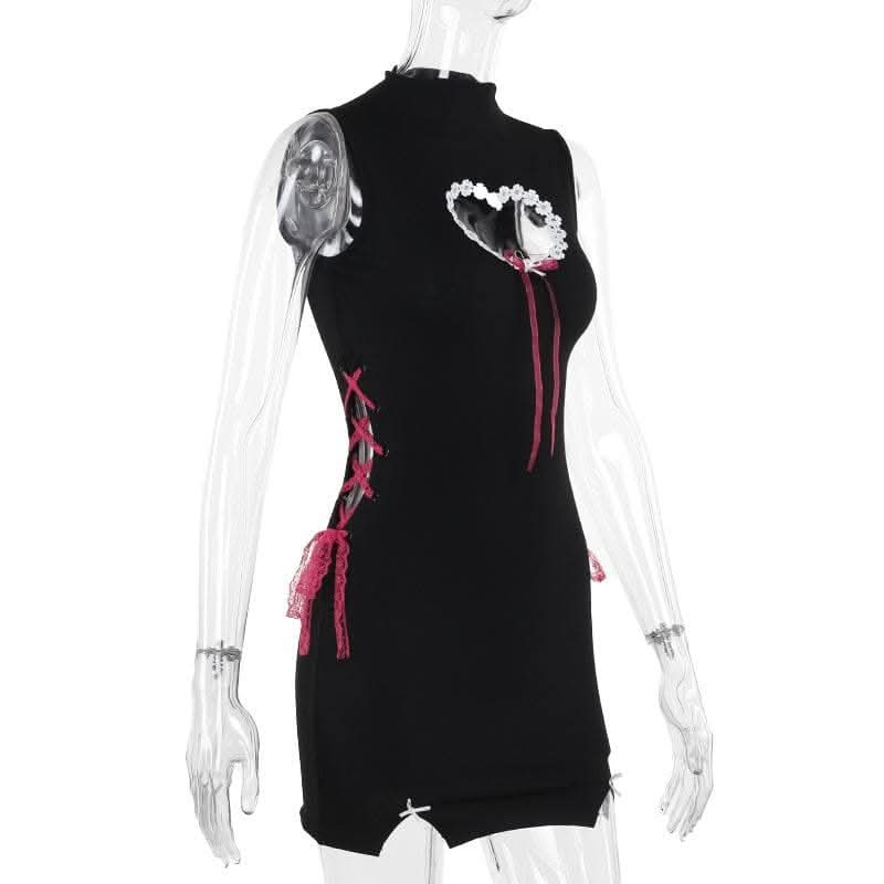 High neck heart pattern hollow out lace up cut out mini dress-final-sale  | Festival Outfits Women