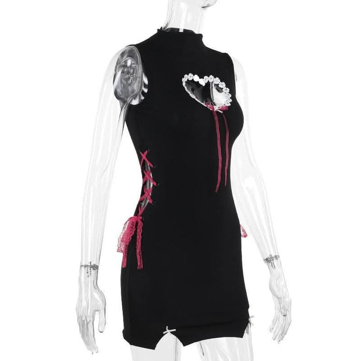High neck heart pattern hollow out lace up cut out mini dress-final-sale  | Festival Outfits Women
