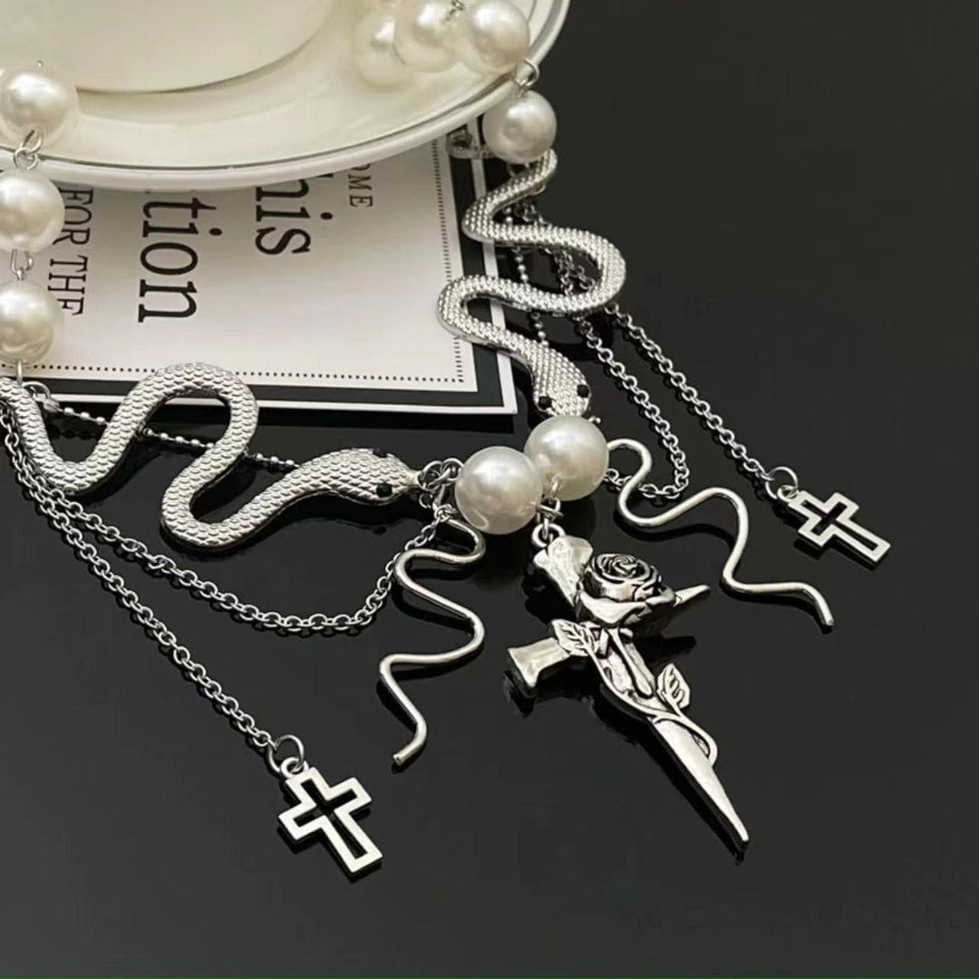 Rose cross snake faux pearl choker necklace  | Festival Outfits Women