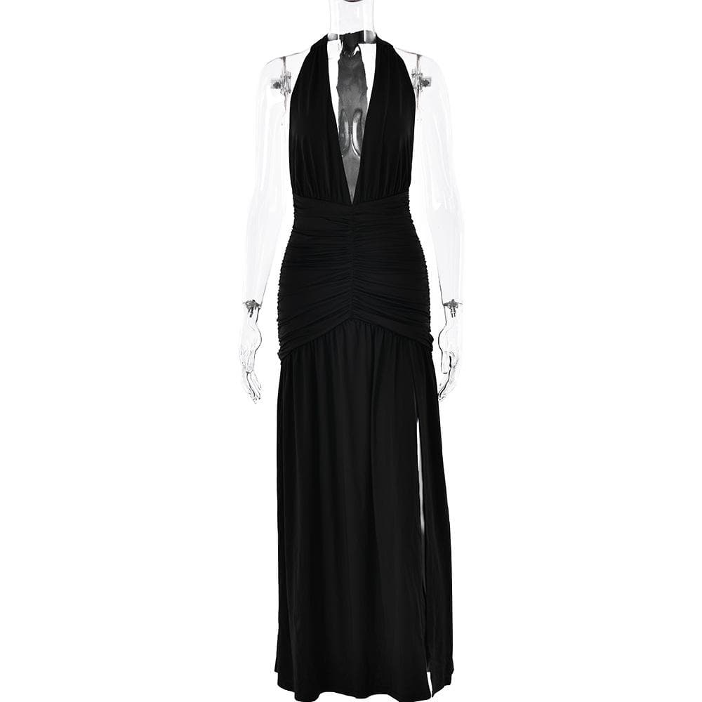 Halter deep v neck backless high slit maxi dress  | Festival Outfits Women