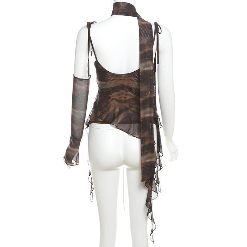 Glove tie dye sheer mesh patchwork ruffle top  | Festival Outfits Women