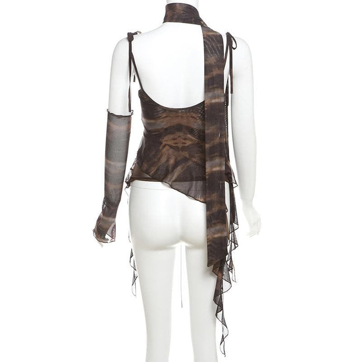 Glove tie dye sheer mesh patchwork ruffle top  | Festival Outfits Women