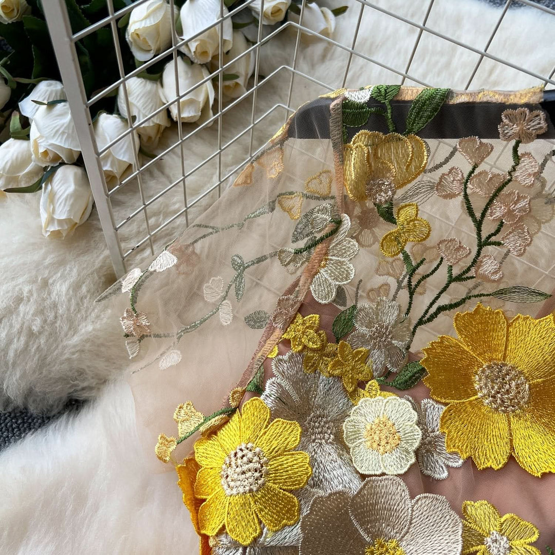 Crewneck short sleeve flower embroidery zip-up maxi dress  | Festival Outfits Women