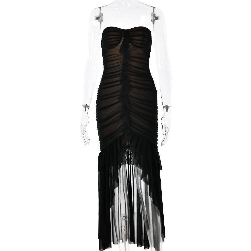 Sweetheart neck ruched ruffle tube midi dress-final-sale  | Festival Outfits Women
