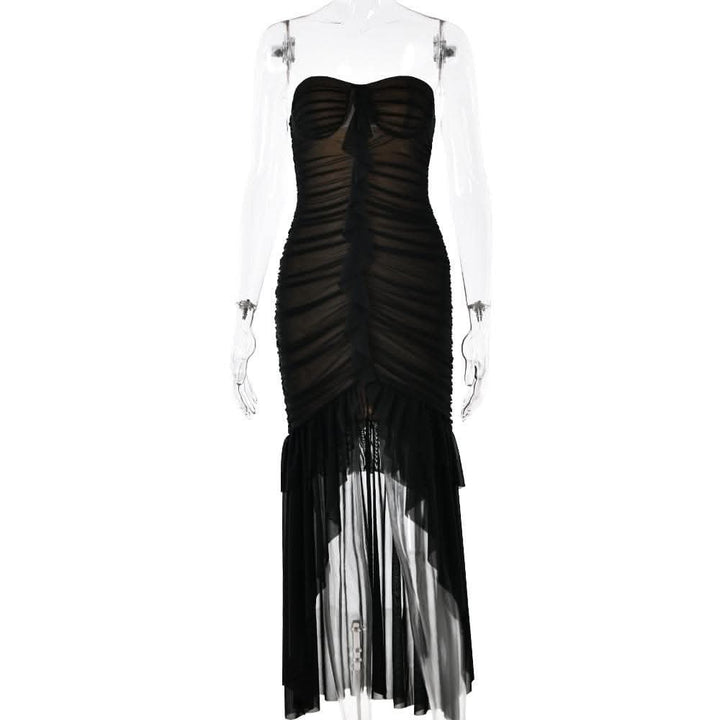 Sweetheart neck ruched ruffle tube midi dress-final-sale  | Festival Outfits Women