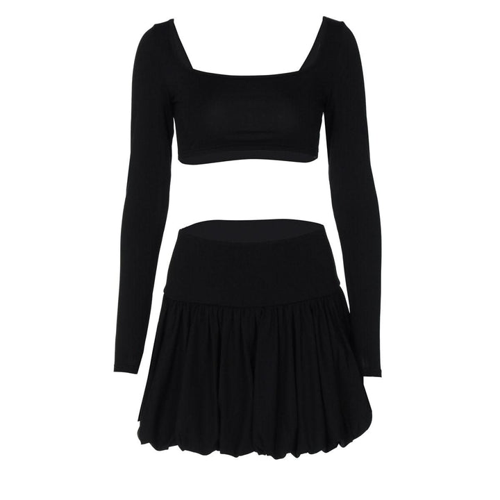 Long sleeve square neck ruched solid mini skirt set  | Festival Outfits Women
