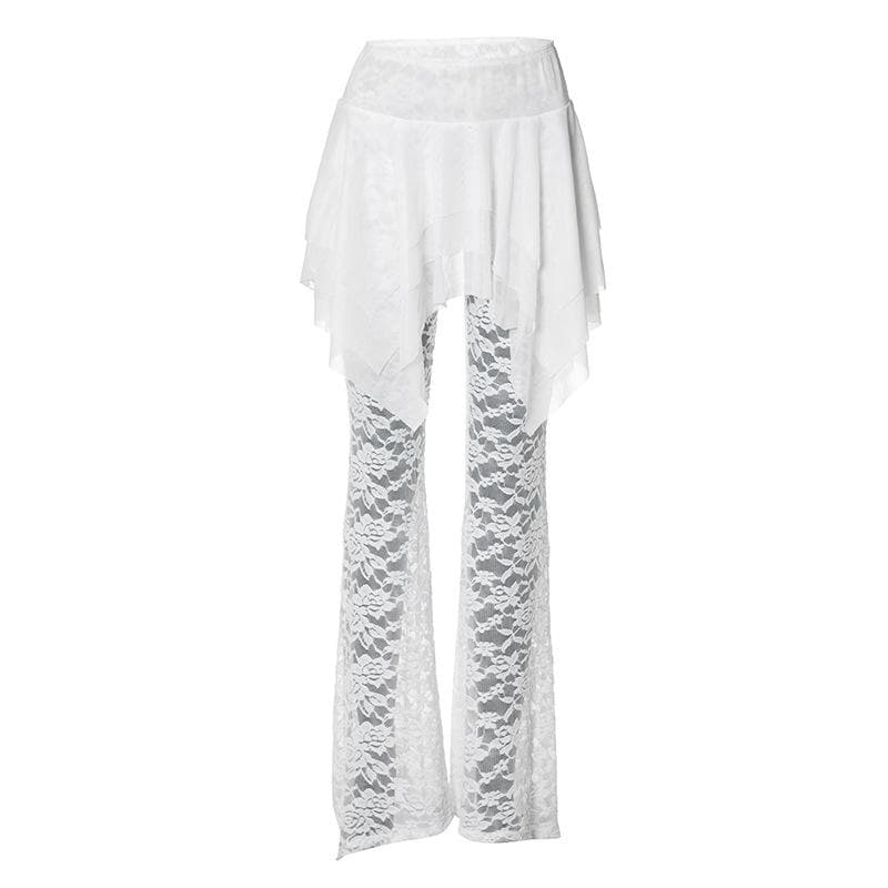 Ruched lace ruffle solid high rise pant-final-sale