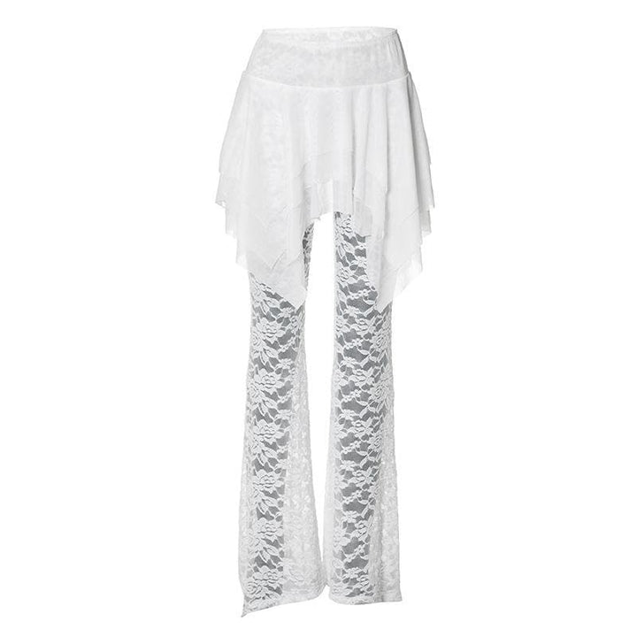 Ruched lace ruffle solid high rise pant-final-sale