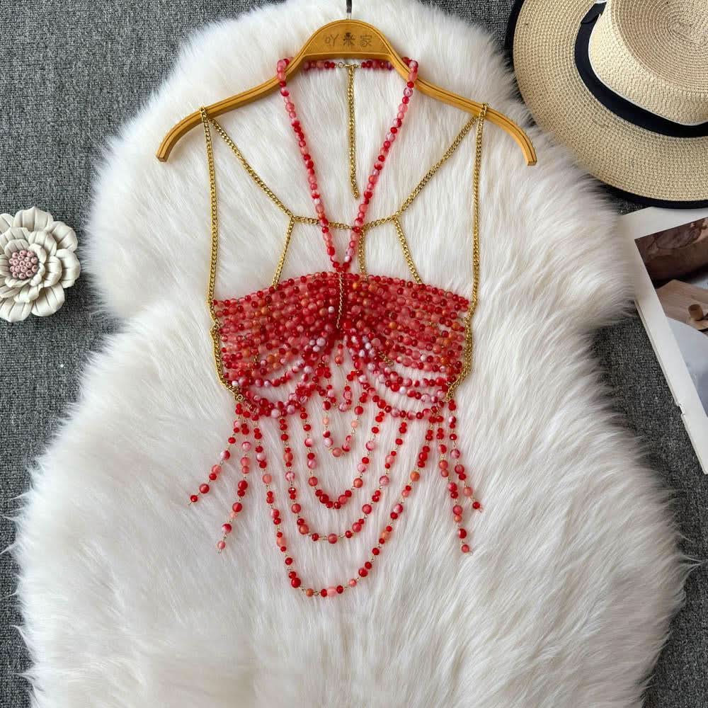 Halter beaded hollow out backless cut out top  | Festival Outfits Women