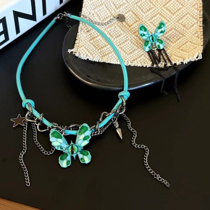Metal chain green butterfly decor choker necklace  | Festival Outfits Women