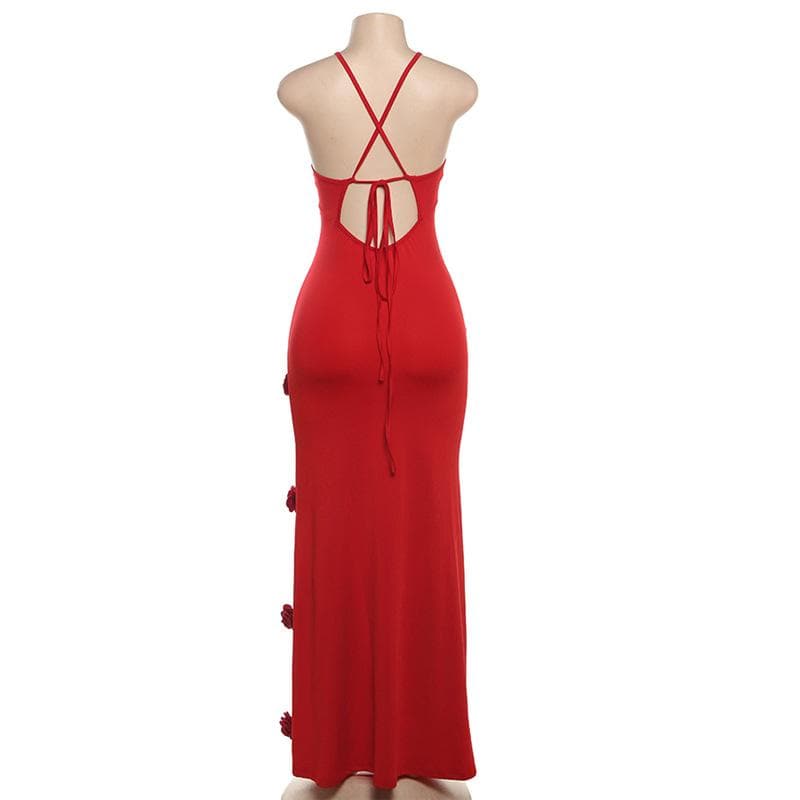 V neck flower applique cross back cami maxi dress  | Festival Outfits Women
