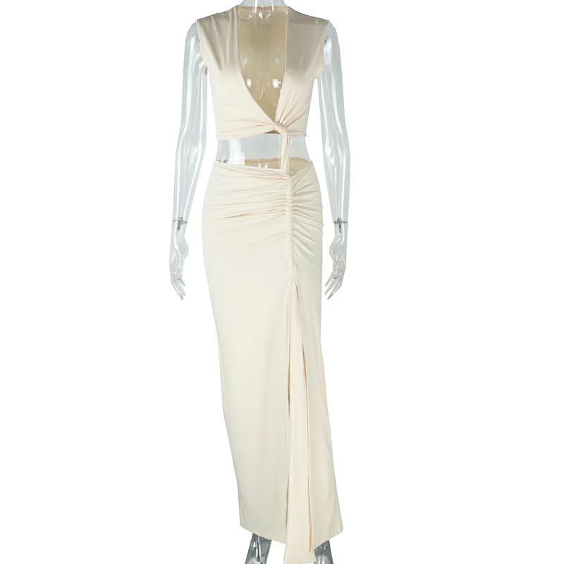 Irregular ruched slit hollow out v neck cut out maxi dress  | Festival Outfits Women